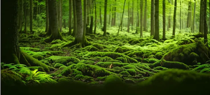 close-up of a forest with a lot of green moss, forest setting, 软forest backgrou, 魔法forest backgrou, wooded environment, green fl...