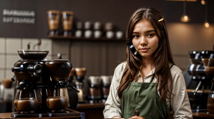 (ultra-detailed CG unity 8k wallpaper, masterpiece, best quality, depth of field, HDR, intricate), a young women with long brown hair, (((call a phone))), (((women barista)))