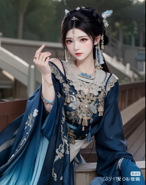 wearing blue dreside woman in blue shawl and necklace, beautiful fantasy empreseautiful fantasy empress)), 宮 ， a girl in Hanfu, In line with ancient Chinese aesthetics, Hanfu, xianxia fantasy, xianxia, Traditional beauty, Inspired by Huang Ji, full body xi...