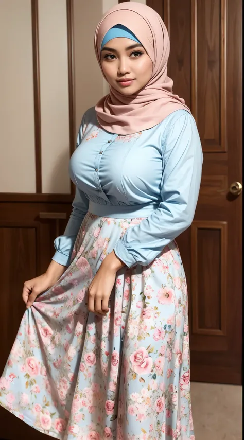 ( Close Up),RAW, Best quality, high resolution, masterpiece: 1.3), beautiful Malay woman in hijab,Masterpiece, perfect fit body, (big breast),big gorgeous eyes, Soft smile,thick thighs, beutifull face, woman in a floral skirt and blue shirt posing for a pi...