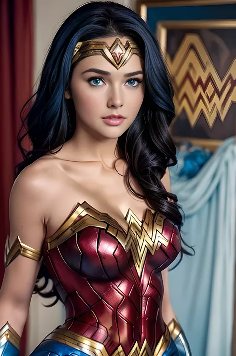 16 year old lynda carter, (((wonder woman, detailed blue eyes, masterpiece, cleavage))).