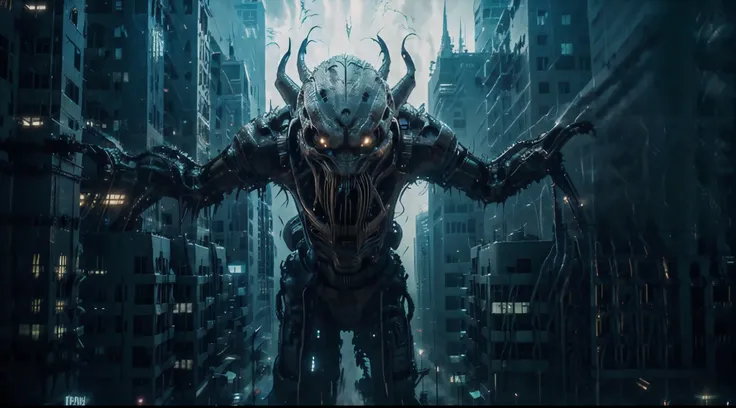 A dron view of A gient mechanical alien monster machine attacking on high rise building, film still, Hollywood movie,scene, cinematic styles , cinematic light, highly detailed, superior high quality,4K