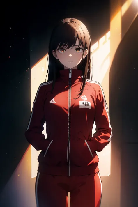 ((((Obra maestra, La mejor calidad, ultrahigh resolution)))), 1girl, standing, (((wearing a red tracksuit))), (long black hair in view, in frame), pale skin, ((brown eyes)), (glowing_eyes, luminescent eyes), (ultra detailed eyes:0.7, beautiful and detailed...