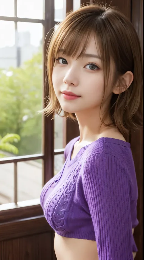 (Very cute 20 year old young woman from Japan),  ((delicate hair between brown and blonde)), ((messy side wave short hair)),(((Slender with a slender body type)))，medium bust size､small tits､ (((Clean hands)))，(Curly hair)，(((Very sweet smile))), (((she we...