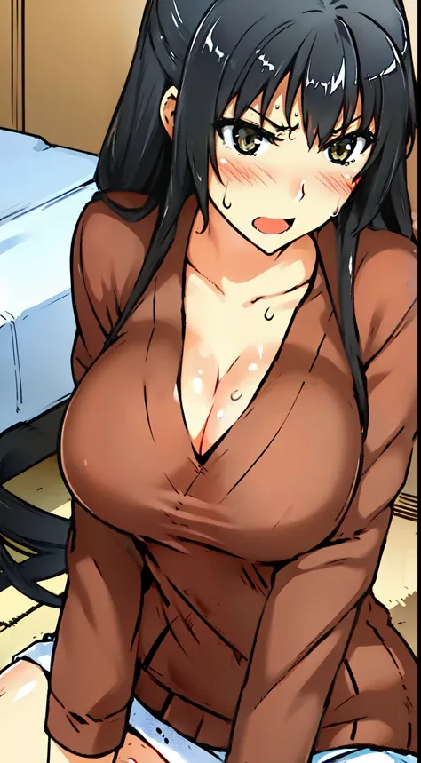 angry,black hair,long hair,,large breasts, wide hips,open mouth  ,   ,light,   ,cowboy shot,,,evil smile,on bed,sweat body,wet body,game cg,, cleavage,, solo,navel,white sweater,white skirt,sitting,cleavage,