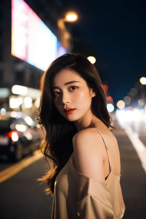 ((best quality)), ((masterpiece)), (Cinematic Aesthetic:1.4) Photo of a beautiful korean fashion model bokeh city night