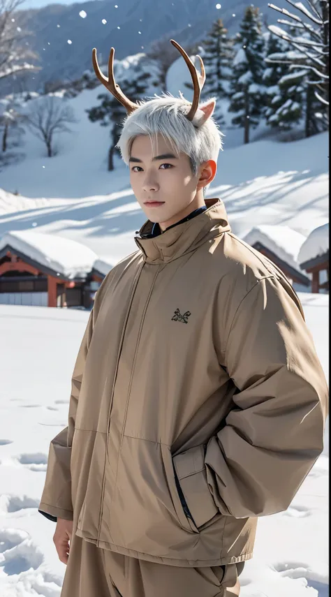 Japanese man, handsome, muscular, white hair, has antlers on his head, little brown deer outfit, snow field, heavy snow, Christmas