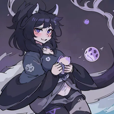 There is a female furry wolf with black and white fur with a scale symbol on her chest., em uma floresta, 2 3 anos, with a dark blue and dark purple Japanese outfit with some scale symbols on the outfit