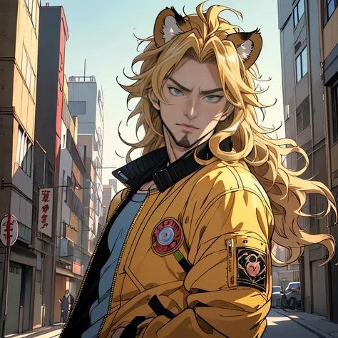 ((Hirohiko Araki style)), One male, lion ears, long hair, blond, blond hair, green eyes, tall, muscular, bomber jacket, beautiful face, ((highest quality)), ((masterpiece)), 2d, ((anime)), (perfect face), ((highest detail)), feline eyes, stubble, lion tail...