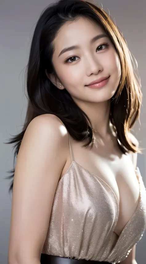 Best quality, masterpiece, ultra high res, (photorealistic:1.5), raw photo, Beautiful young Korean girl smiling, looking straight, wearing a soft, sexy evening dress in pale color, black belt, deep neckline, chest = big, full and seductive chest, bust = 90...