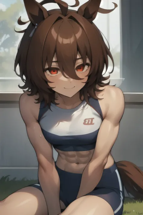 agnes tachyon(umamusume), ((ultra-detailed face)), beautiful face, masterpiece, best quality, muscular, slender, abs, rikujou, horse tail, smile, athletics track, hand between legs, nallow eyes, closed mouth