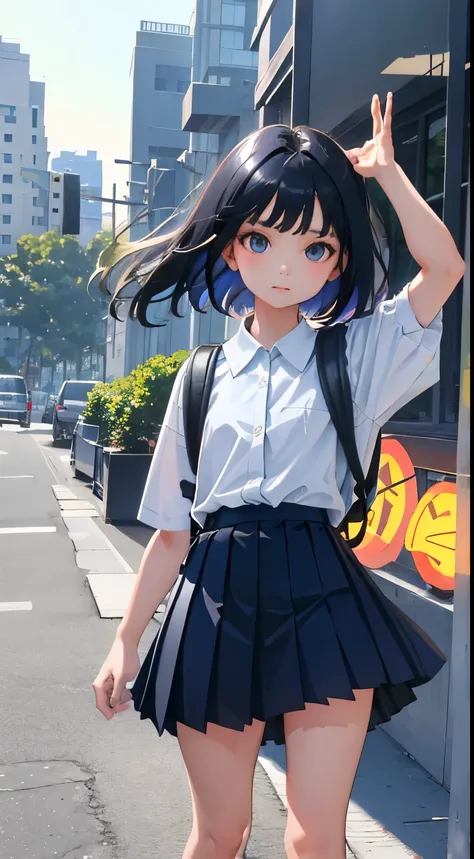 (child)，（​masterpiece，Highest Quality），backpack，Dark blue pleated miniskirt，shortsleeves，Twin-tailed black hair，Summer Classroom，The wind is blowing，a park