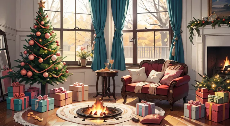 fireplace beautifully decorated for Christmas, with a bear rug and pillows laying on the ground and a big plate with Christmas snacks placed in the middle --auto --s2