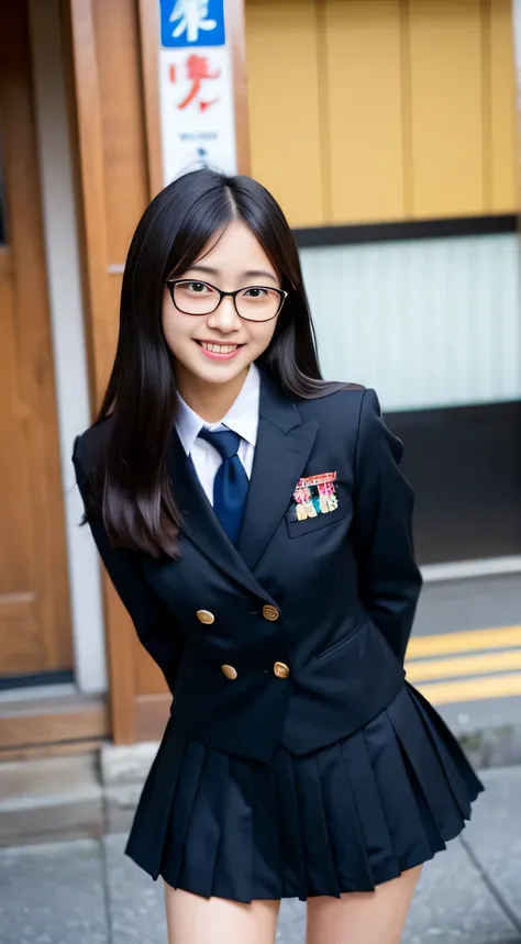 top-quality, masutepiece, 超A high resolution, (Photorealistic:1.4), Raw photo, ultra-detailliert, 1girl in, famous idol with Japan, 14years, wearing round glasses, Dressed in a high school uniform Japan, Cowboy Shot, laughing out loud, (Cute face like a po...