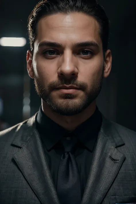 retrato frontal de un hombre en sus 40s, esta vistiendo un traje, tiene la mirada seria y enfocada, Retrato VFX altamente detallado, sharp looking portrait, barba prolija y muy corta, empresario existoso