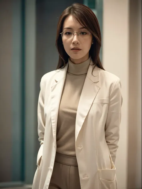 Best quality, ultra high res, (photorealistic:1.4), a girl, sexy doctor, only white coat, (narrow waist:1.2), rimless eyewears, in the elevator, bokeh, cinematic lighting