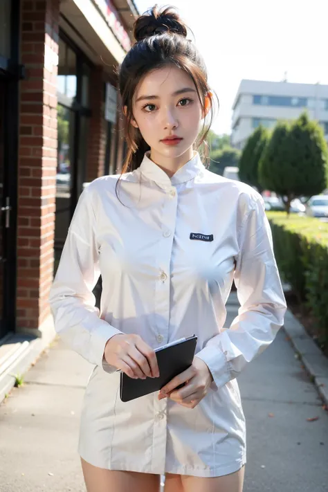 ((Best quality at best)), ((tmasterpiece)), (Detailed pubic hair), The background is in front of the factory，natural classic face，Hold the folder，The mouth is talking，long sleeve work uniform，Hair tied up，中景 the scene is