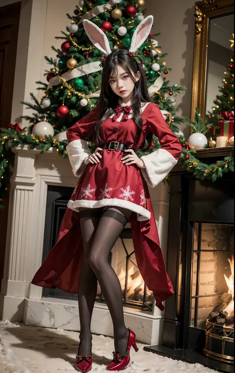 asian 21yo girl, solo, full body, Wange_Hu_Christmas_dress, Christmas_dress,fake rabbit ears, Christmas, Christmas tree, Christmas ornaments, Christmas shoes, pantyhose