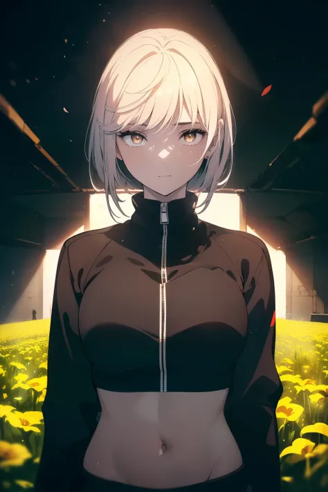 ((((Obra maestra, La mejor calidad, ultrahigh resolution)))), 1girl, standing, (((wearing a black tracksuit))), (short hair in view, in frame), pale skin, ((brown eyes)), (glowing_eyes, luminescent eyes), (ultra detailed eyes:0.7, beautiful and detailed fa...