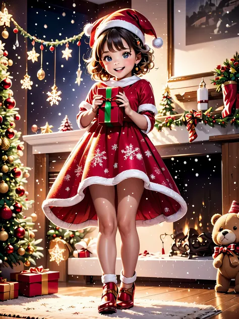 (best quality, highres), a 5-year-old girl opening a christmas gift, (joyful, excited), detailed expression of happiness, sparkl...