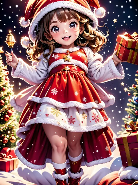 (best quality, highres), a 5-year-old girl opening a christmas gift, (joyful, excited), detailed expression of happiness, sparkl...