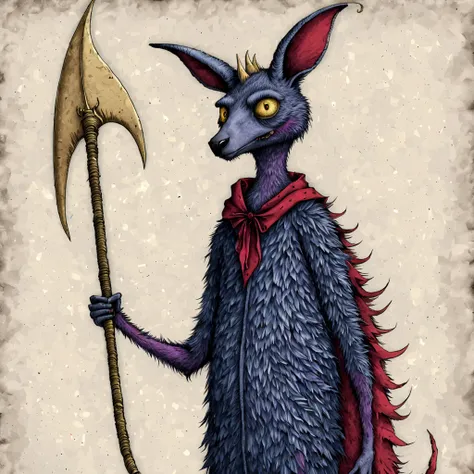 (edwardgorey style:1)kangaroo that is demon-like with blue fur, purple legs, dark blue wings, and red shoulder pads with golden ...