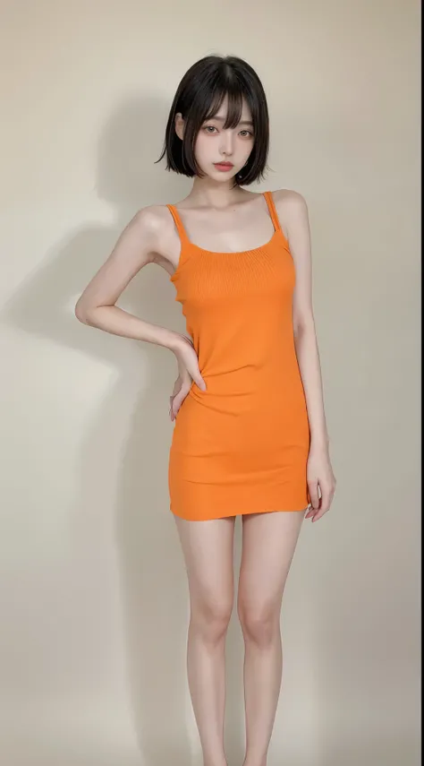 Best quality, A high resolution,，HD original photos，orange one，slim beauty 1，black bob hair，Full body photo of the front，sexyposture