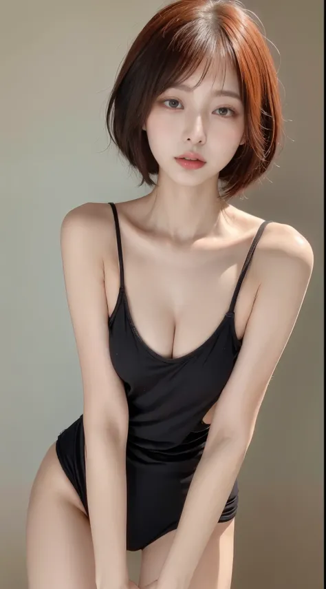 Best quality at best, A high resolution,，High-definition original image，orange one，slim beauty 1，black bob hair，Full body photo of the front，sexyposture，flirtatious glances