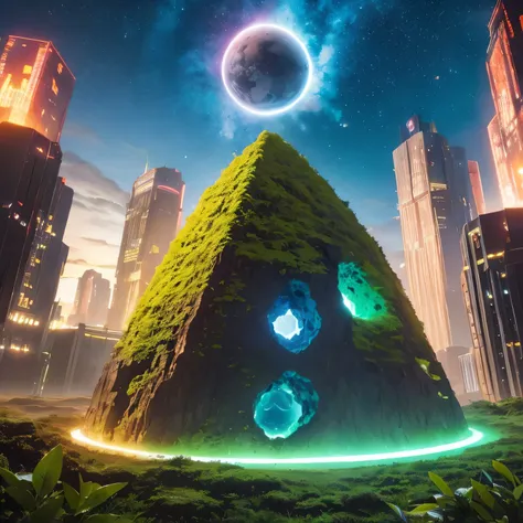 Alien Hexagonal Base (very detailed nipples) In a hexagonal mountain oasis，There are several hexagonal exhaust fans and chimneys, some neon lights projecting from the base，Light up the dark night), There are some clouds in the night sky, Some surrounding p...