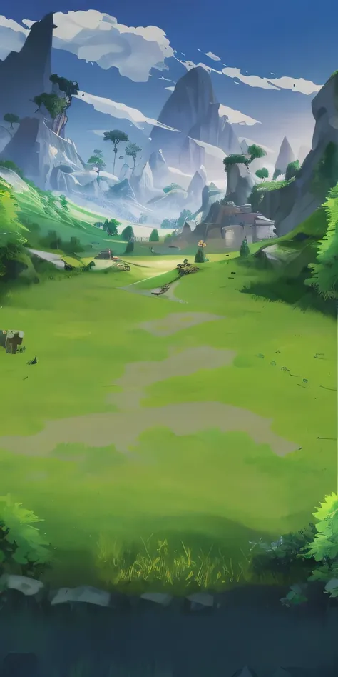 There is a cartoon picture，In the background is a green field，There is a mountain, arte de fundo, mobile game background, elf forest background, distant forests, arena background, Magical battlefield background, videogame background, odins stone arena back...