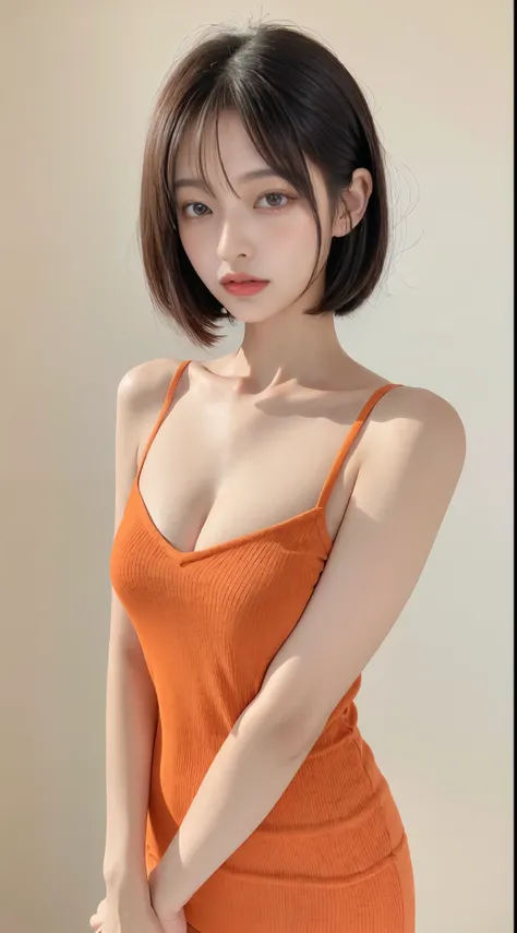 Best quality at best, A high resolution,，High-definition original image，orange one，slim beauty 1，black bob hair，Full body photo of the front，sexyposture