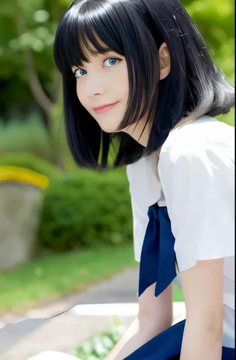 Black hair, Anime, Ghibli, Anime style, close up, From Side, One-person viewpoint, 8K, Super Detail, masutepiece,Super Detail, High quality, High resolution, high detailing, White background, Face Detail, Happiness, Curly hair, Blue eyes、Show a full body i...