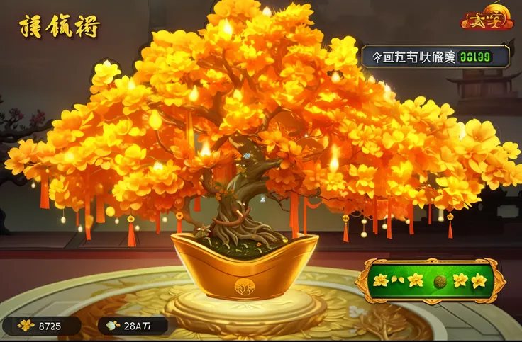 a close up of a bonsai tree with a lot of yellow flowers, golden sacred tree, rich tree, huge flame fantasy plant, onmyoji detailed art, an enormous silver tree, a beautiful tree, game asset of plant and tree, fantasy tree, chinese style, magic tree, onmyo...