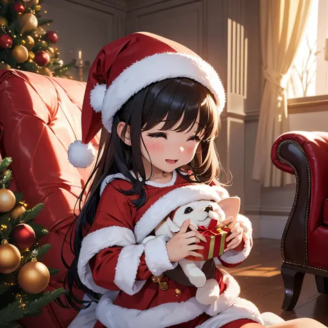 finest image, 8k, RAW photo, realistic, detailed, delicate, flashy and dynamic depiction, five years old, beautiful girl opens a Christmas present with a cute puppy inside a big box, cries with surprise and happiness, in a living room decorated for Christm...