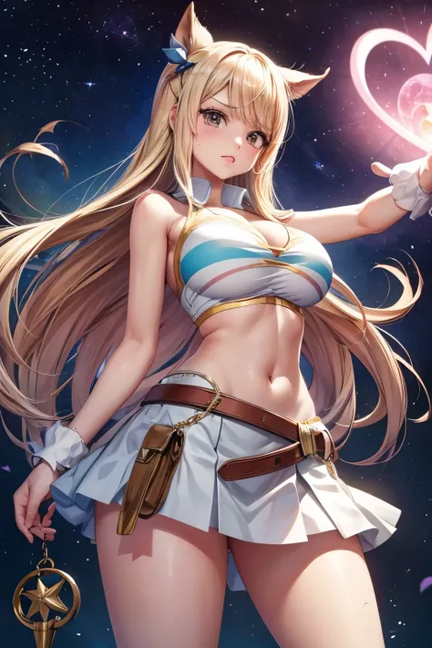 anime fairy tail, personaje lucy hearfilia, pelo rubio, rostro hermoso, pecho grande, trasero grande, Curvaceous Body, calidad, 4k, adolescente, atractiva, wear a belt that, Holds both the miniskirt and her star spirit keys, and a whip with a heart-shaped ...