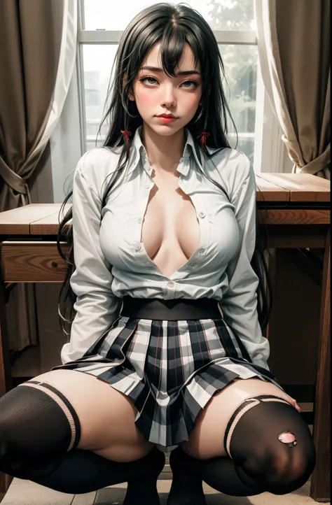 (full figure:1.1), (1 girl as yukino yukinoshita:1.5), highres, solo, big breasts, waist long black hair, (twintails:0.5), (pleated school miniskirt:1.5), (black knee high socks:1.5), (loose red ribbon:1.2), (cotton skirt:1.5), (unbuttoned white shirt:1.4)...