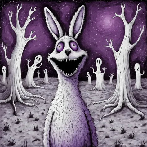 (edwardgorey style:1)Kangaroo that is wispy and ghost-like with disembodied floating hands white fur with violet undertones and eerie eyes and twisted smile, background graveyard