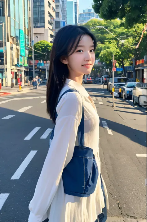 wo girls: A 16-year-old girl walks in front of a zebra crossing at a traffic light on a Hong Kong street，Extreme light and shadow，Aurora chase，Extremely strong reflected light，Extreme shadows，blue-sky，The sun shines on the face，enjoying life，Healing pictur...