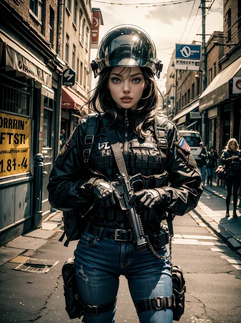 ((​masterpiece,in 8K,ultra-detailliert,resolution,Clearly)),A middle-aged woman SWAT member rushes into a crime scene with heavy equipment.,Angelina Jolie,(hold a gun:1.3),(1girl), (full bodyesbian),(SWAT helmet:1.3),(SWAT body suit),(swat gloves),(tactica...