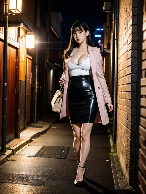 1girl in, Live-action, The 8k quality, masutepiece, real human touch, Japanese women asking for prostitution in the back alleys of Japan at night, woman seeking sex, (Big breasts: 1.3), Long Black Hair, Smooth. Straight, With bangs, Toned body, Slender wai...