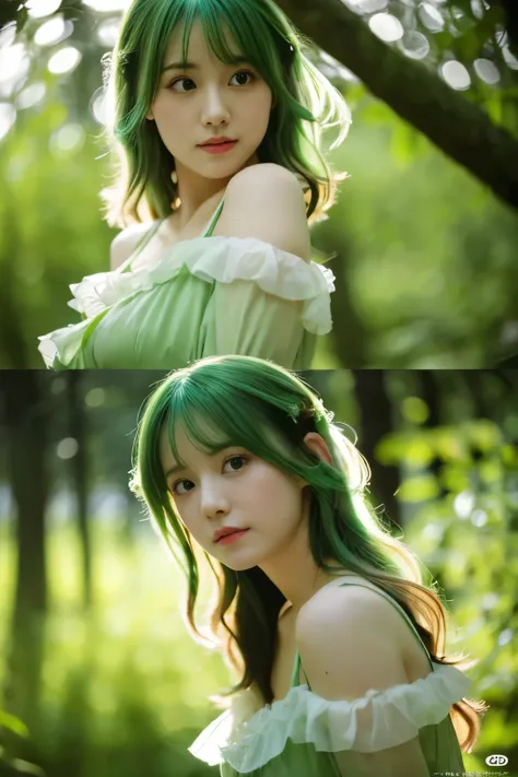 Best Quality, 4K, 8K, hight resolution, ​masterpiece, Ultra-detailed, Realistic, Cinematic lighting, dynamic angle,  Beautiful detailed glow, Light leak, amazing, Intricate details, Photorealistic, Green hair, A cute Japanese woman, 20s female, Small breas...