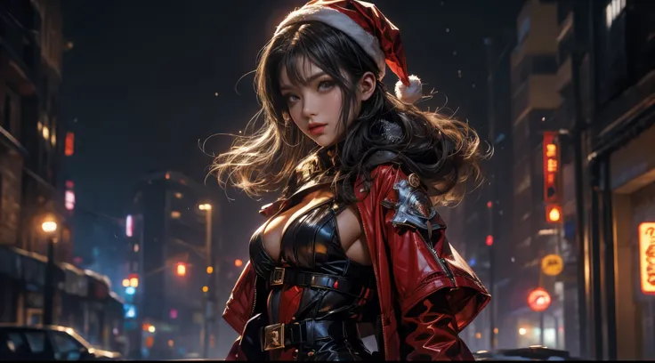 tmasterpiece，quality，Best quality，offcial art，（Beauty and aesthetics：1.2），（tmasterpiece：1.3），The cities of the future，cyber punk personage，one-girl，santa claus suit，did not wear underwear，Sexy figure，looking at the camera in，（closeup cleavage：1.8），volume f...