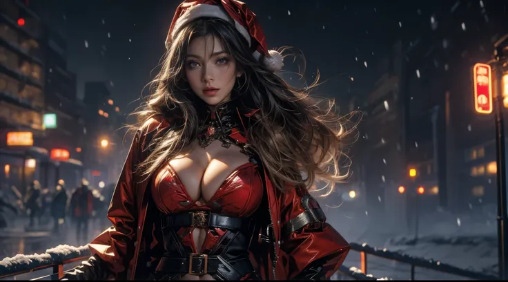 tmasterpiece，quality，Best quality，offcial art，（Beauty and aesthetics：1.2），（tmasterpiece：1.3），The cities of the future，cyber punk personage，one-girl，santa claus suit，did not wear underwear，Sexy figure，looking at the camera in，（closeup cleavage：1.8），volume f...