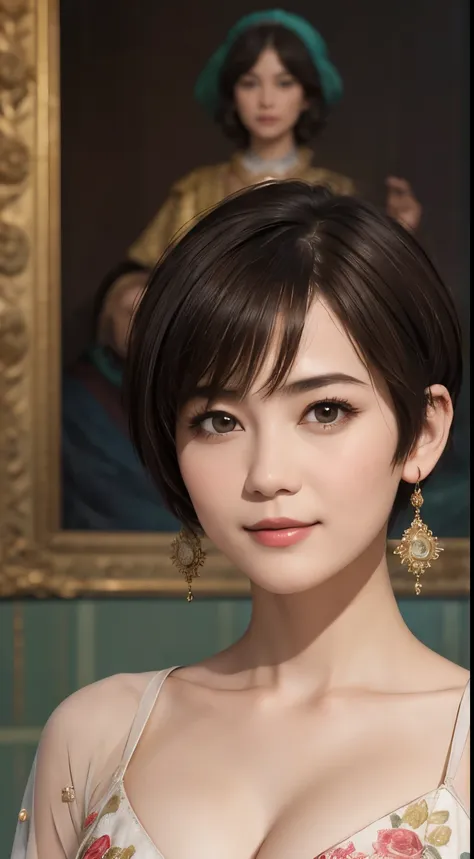 140
(a 20 yo woman,in the palace), (a hyper-realistic), (high-level image quality), ((beautiful hairstyle 46)), ((short-hair:1.4...