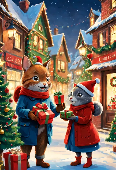 couple Exchange Christmas Gift, Holding Gift, Receive Christmas Gift, Give Gift, Festive atmosphere, surprise, by Richard Scarry, enhance, intricate, (best quality, masterpiece, Representative work, official art, Professional, unity 8k wallpaper:1.3)