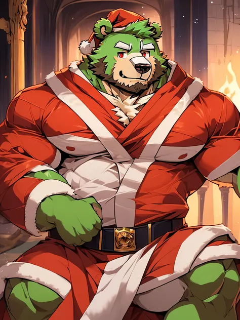 anthro ((bear)), furry, bear, green fur, green hair, ((beard)), male, white eyebrows, red eyes, masterpiece, ((Best quality)), character focus solo, handsome, middle-aged, mature, muscle body, sexy, dilf, full body, (((jinpei))), ((naked body)), ((muscle))...