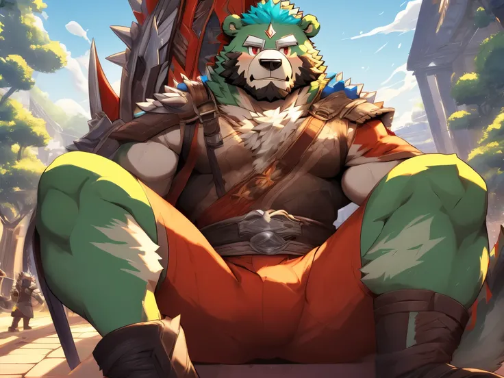 anthro ((bear)), furry, bear, green fur, green hair, ((beard)), male, white eyebrows, red eyes, masterpiece, ((Best quality)), character focus solo, handsome, middle-aged, mature, muscle body, sexy, dilf, full body, (((jinpei))), (((monster hunter))), (((w...