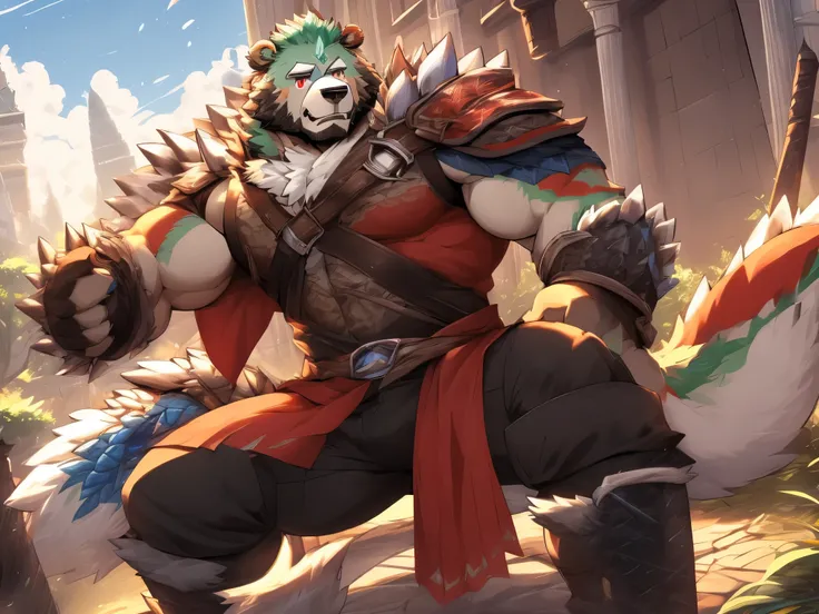 anthro ((bear)), furry, bear, green fur, green hair, ((beard)), male, white eyebrows, red eyes, masterpiece, ((Best quality)), character focus solo, handsome, middle-aged, mature, muscle body, sexy, dilf, full body, (((jinpei))), (((monster hunter))), (((w...