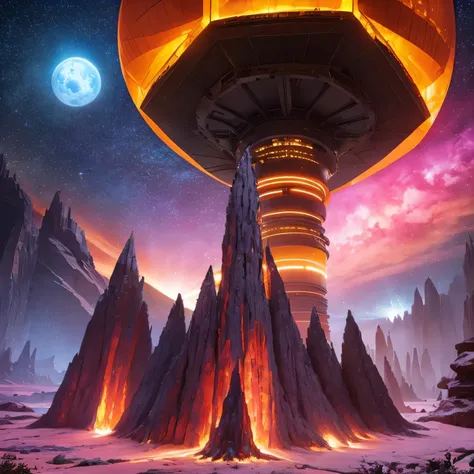 Alien Hexagonal Base (very detailed nipples) In a hexagonal mountain oasis，There are several hexagonal exhaust fans and chimneys, some neon lights projecting from the base，Light up the dark night), There are some clouds in the night sky, Some surrounding p...