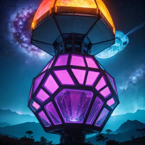 Alien Hexagonal Base (very detailed nipples) In a hexagonal mountain oasis，There are several hexagonal exhaust fans and chimneys, some neon lights projecting from the base，Light up the dark night), There are some clouds in the night sky, Some surrounding p...